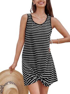 Women Black&White Polyester Coverup Beach Bathing Suit Coverup Stripe Sleeveless